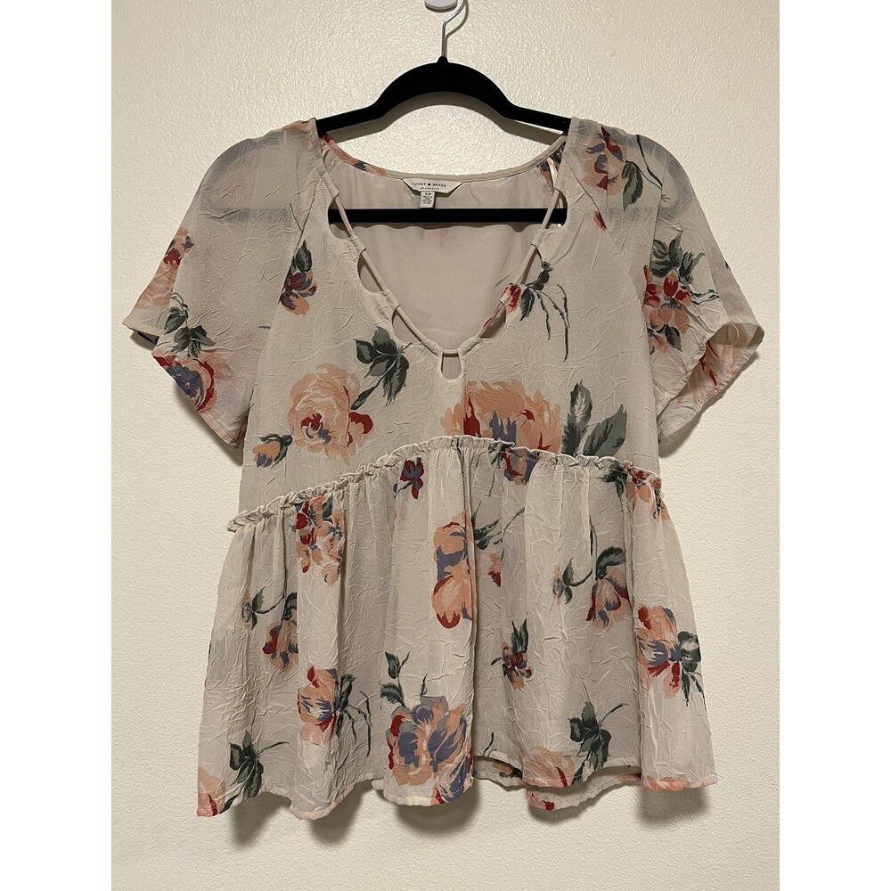 Lucky Brand Floral Peplum Top Babydoll V Neck Crinkle Size Small Romantic Boho